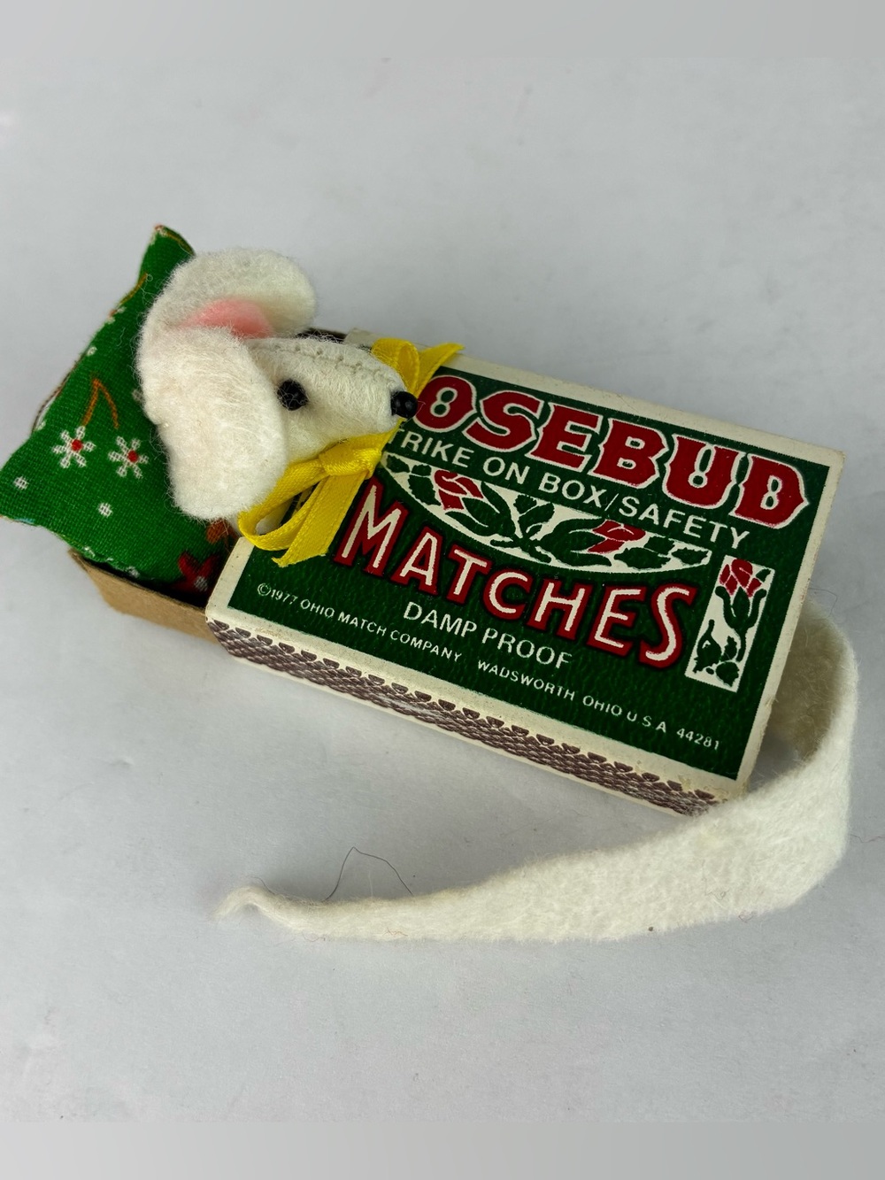Rosebud Box Matches Hand Crafted 1977 Sleeping Mouse Christmas Ornament